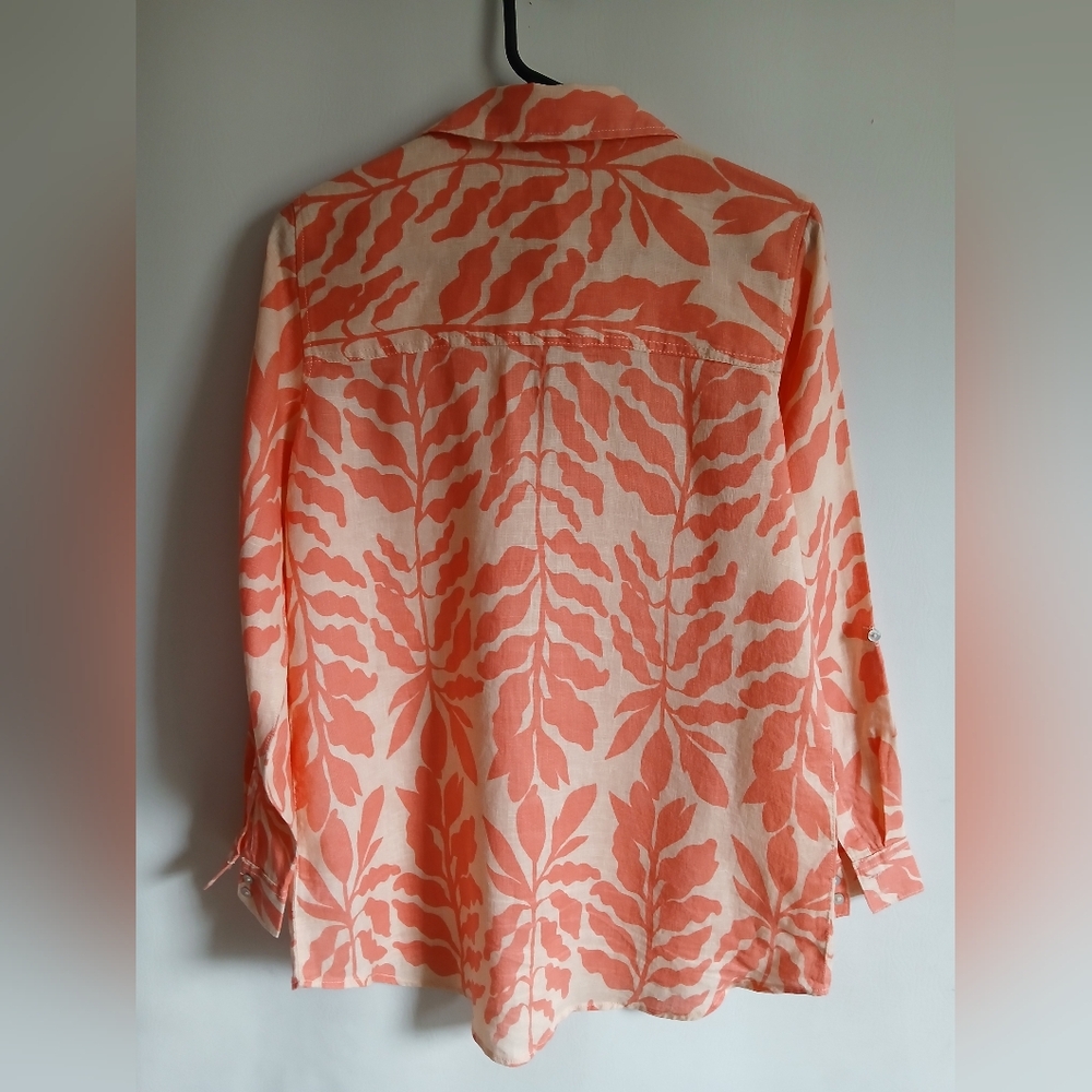 Rachel Zoe 100% Linen Orange Leaf Print Blouse SzSm Oversized Roll Tab Sleeve - Picture 5 of 9